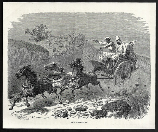 India THE MAIL-CART engraved print ex libris Rousslet 1876 7"x6"
