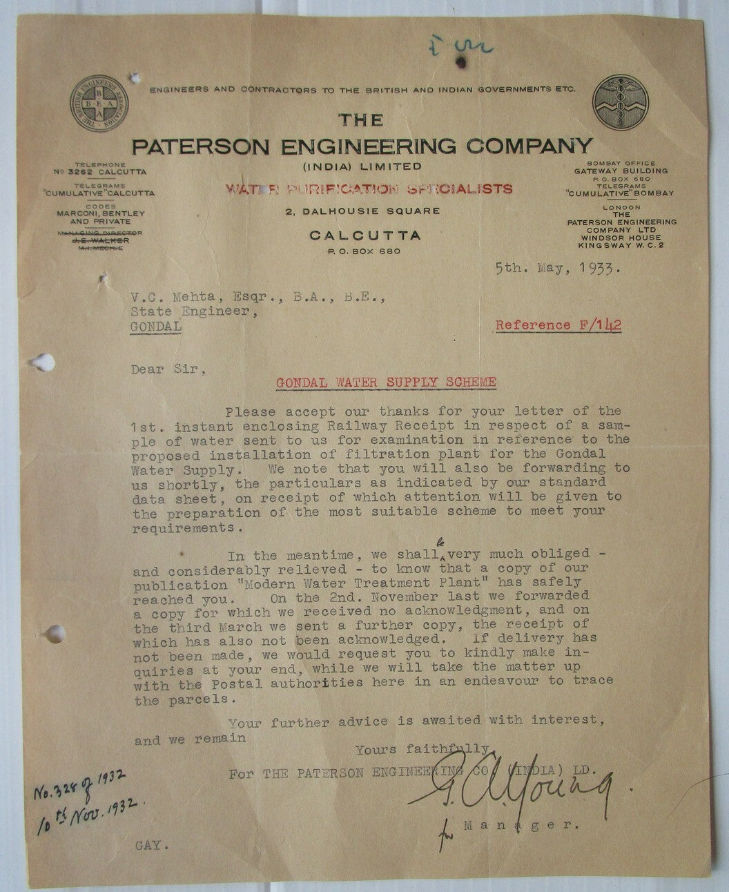 India 1933 Paterson Engineering Water Purification Specialists Letterhead