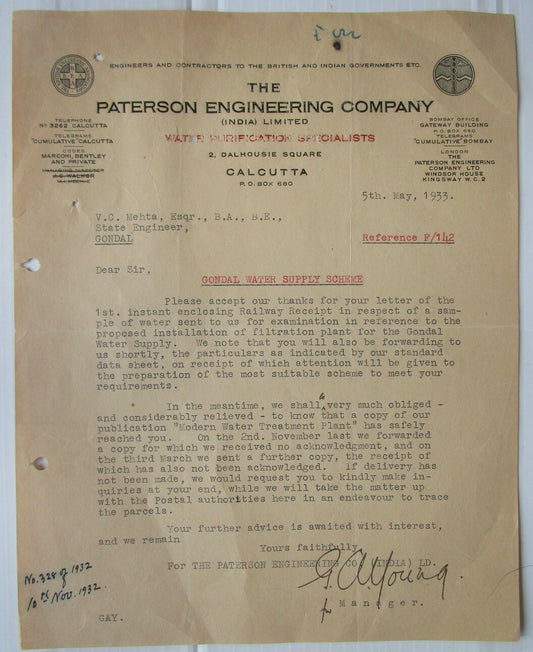 India 1933 Paterson Engineering Water Purification Specialists Letterhead
