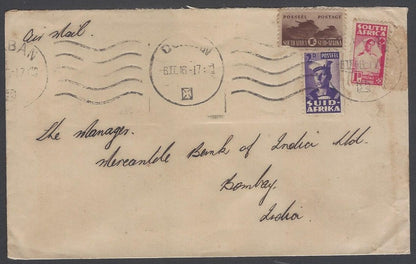 AOP South Africa 1943 bantams 1d, 2d & 1sh on cover Durban to India