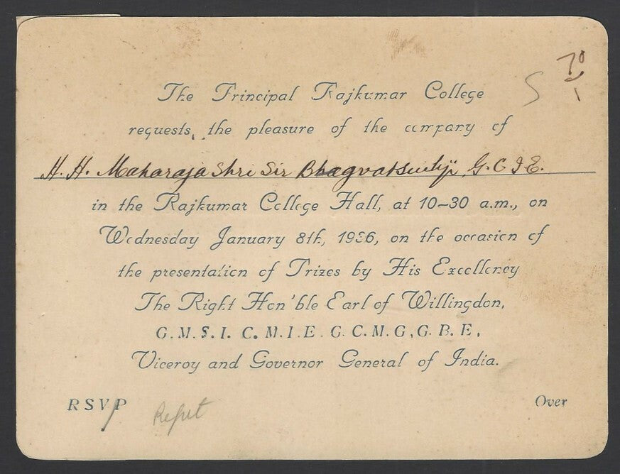 India 1936 Rajkumar College invition. Viceroy Willingdon presiding etc