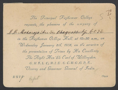 India 1936 Rajkumar College invition. Viceroy Willingdon presiding etc