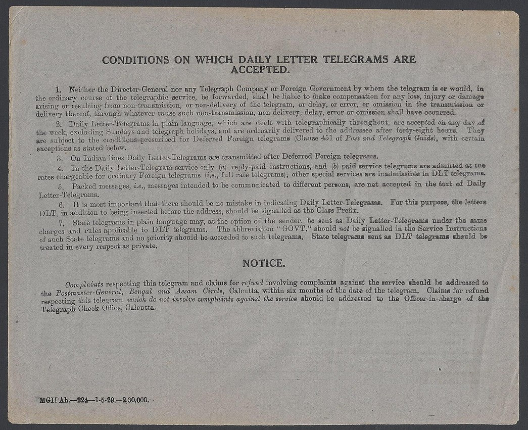 India 1929 violet grey DAILY LETTER TELEGRAM unused