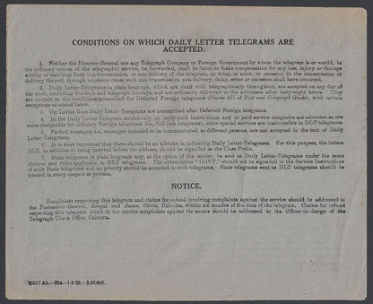 India 1929 violet grey DAILY LETTER TELEGRAM unused