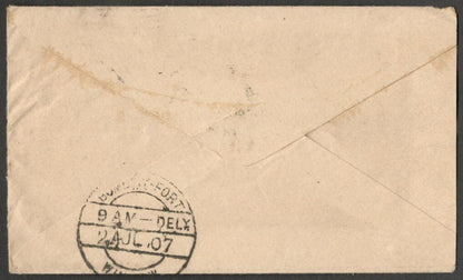 (AOP) India KEdVII 1907 cover canc. sc "L-59/S.M.O. DELHI/22JL/07"
