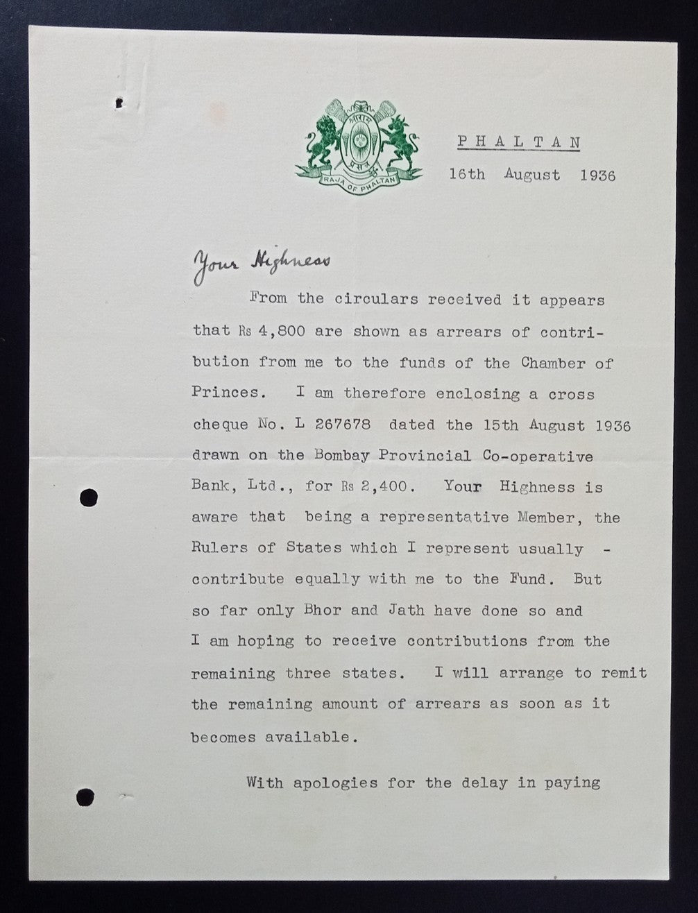 India 1936 letter signed Raja Malojirao of Phaltan with RAJA OF PHALTAN crest
