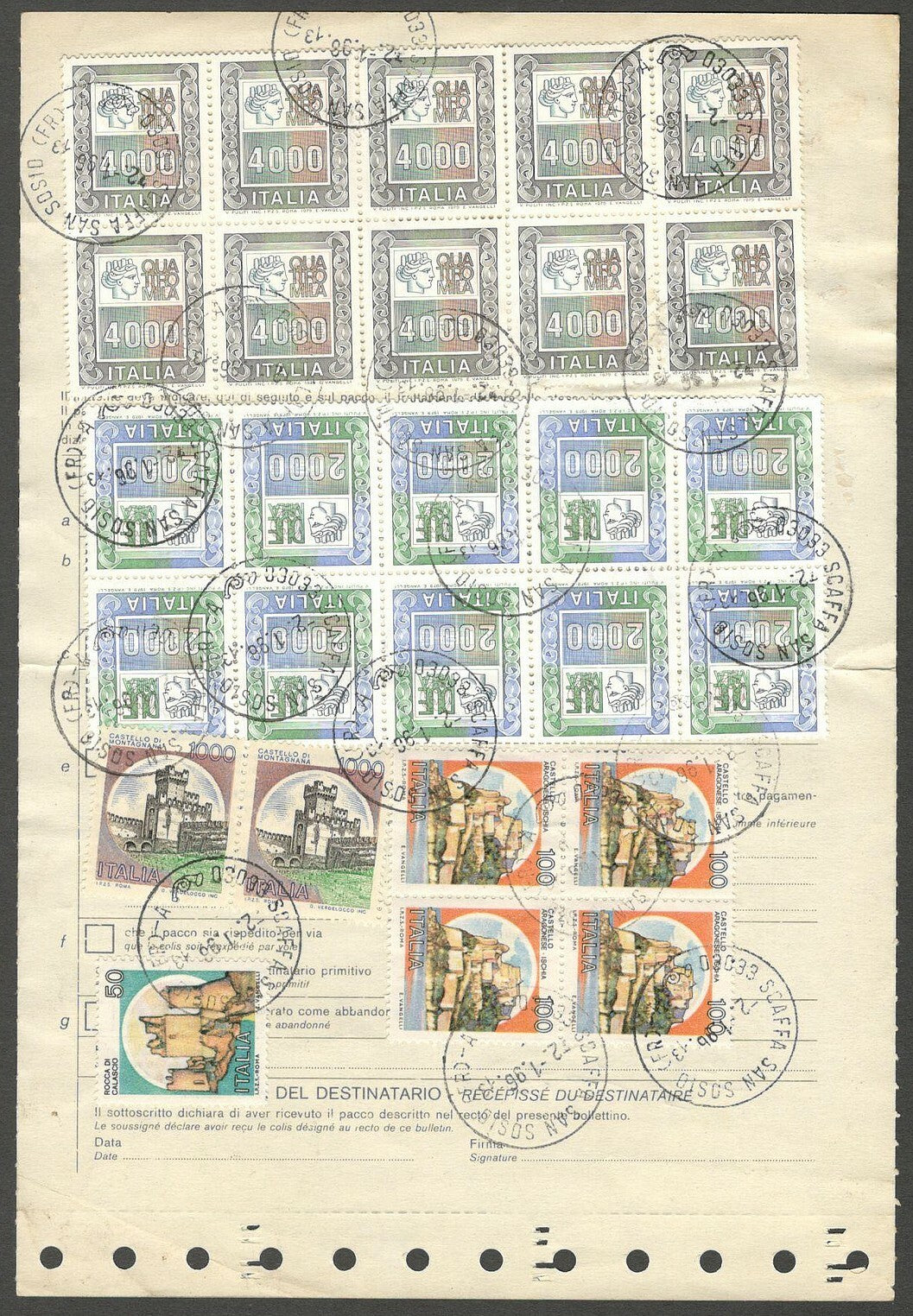 AOP Italy parcel card to India with 62,450 Lire (27 stamps) 