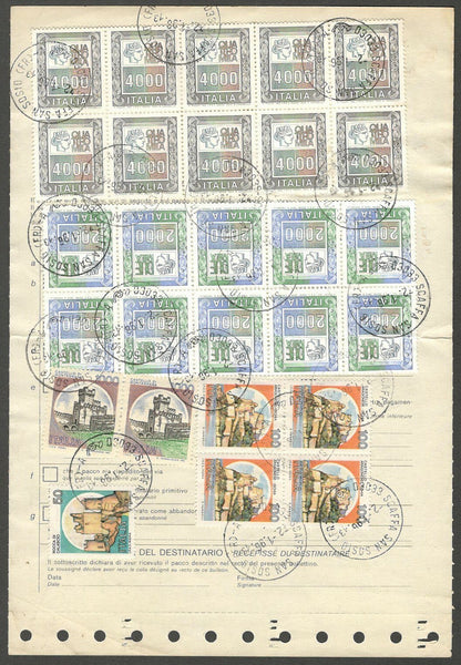 AOP Italy parcel card to India with 62,450 Lire (27 stamps) 