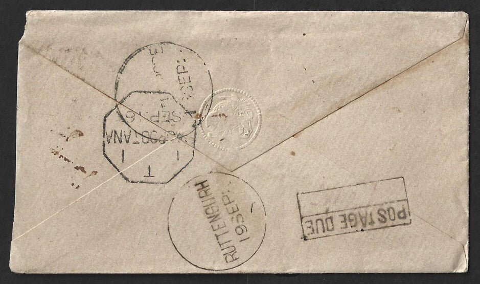 India QV env 1/2a blue seal env octogonal T/1  1/RAJPOOTANA & POSTAGE DUE/1 ANNA