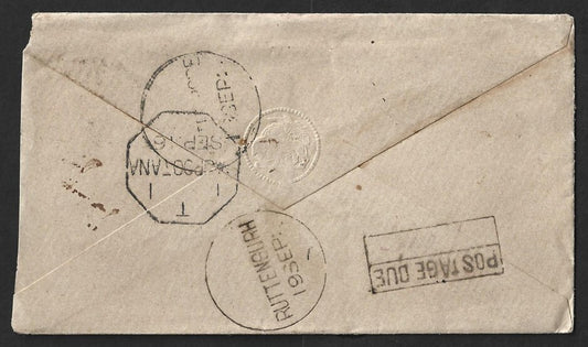 India QV env 1/2a blue seal env octogonal T/1  1/RAJPOOTANA & POSTAGE DUE/1 ANNA