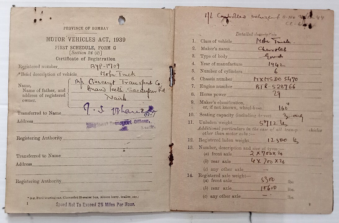 AOP India MOTOR VEHICLES ACT Registration booklet for Chevrolet Truck 1943