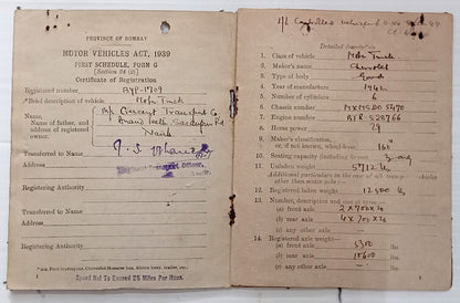 AOP India MOTOR VEHICLES ACT Registration booklet for Chevrolet Truck 1943