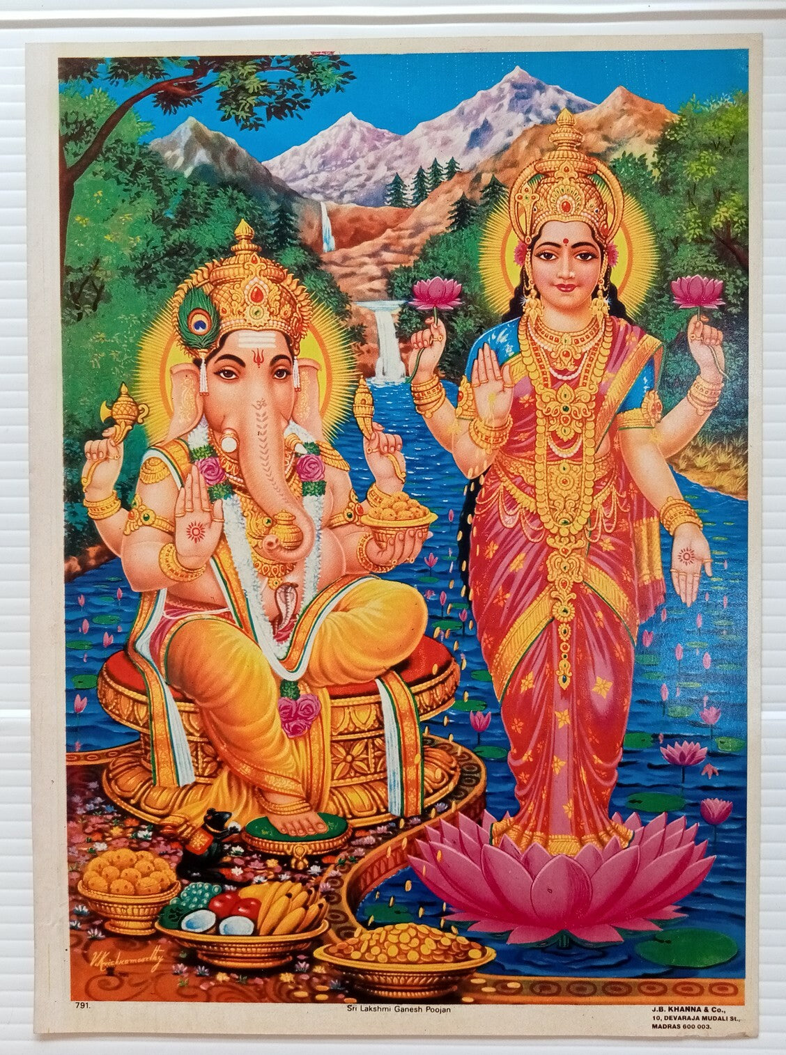 AOP India SRI LAKSHMI GANESH POOJAN J. B. Khanna 9.5" x 13" vintage Hindu poster