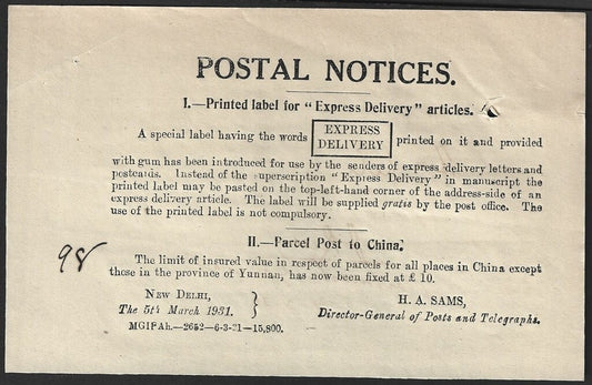 India POSTAL NOTICE 5-3-31 Printed label Express Delivery/Parcel Post to China