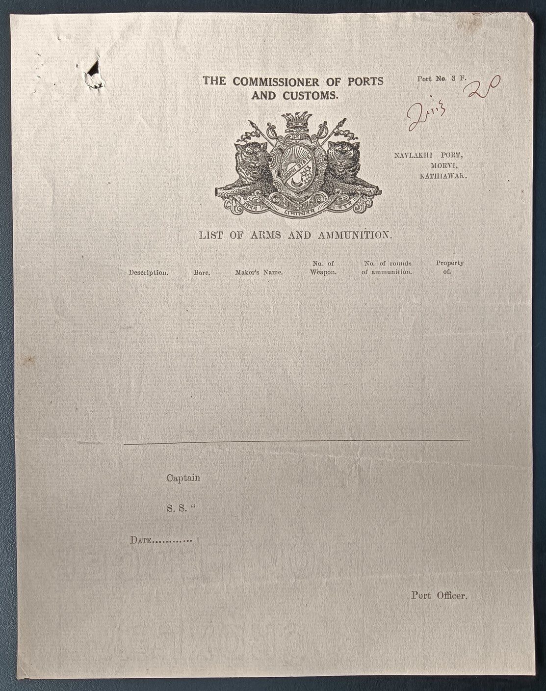 India 1930s Navlakhi Port Morvi Arms & Ammunitions list unused
