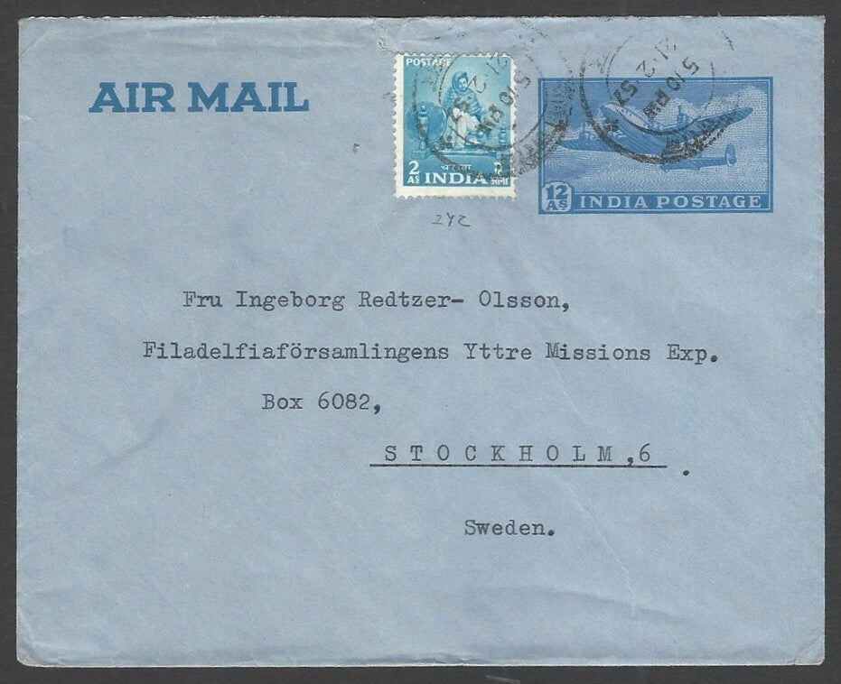 India 12a airmail envelope uprated 2a used 1952 to Sweden