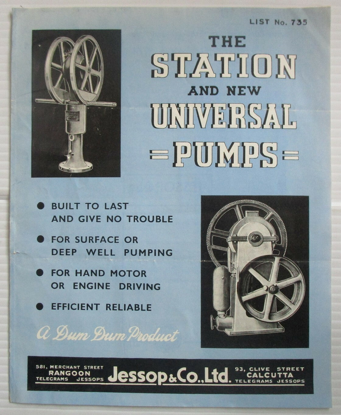India 1939 advertizement leaflet for Station & New Universal Pumps etc
