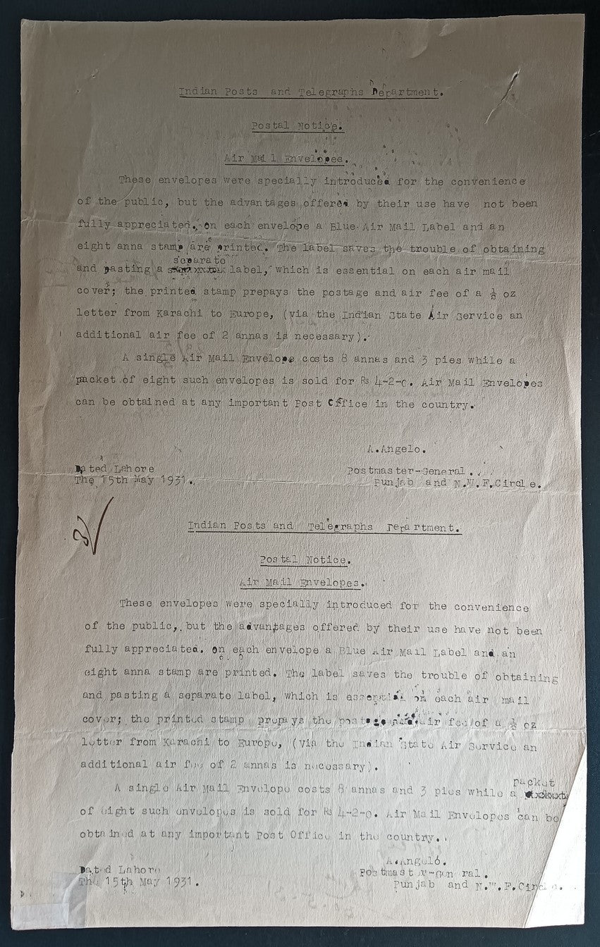 India 1931 POSTAL NOTICE re Airmail Envelopes uncut pair