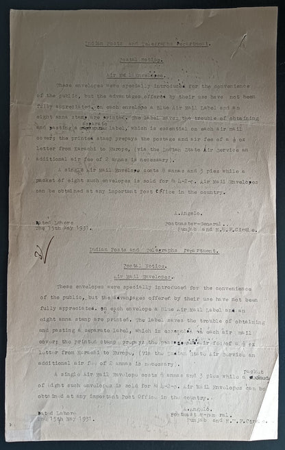 India 1931 POSTAL NOTICE re Airmail Envelopes uncut pair
