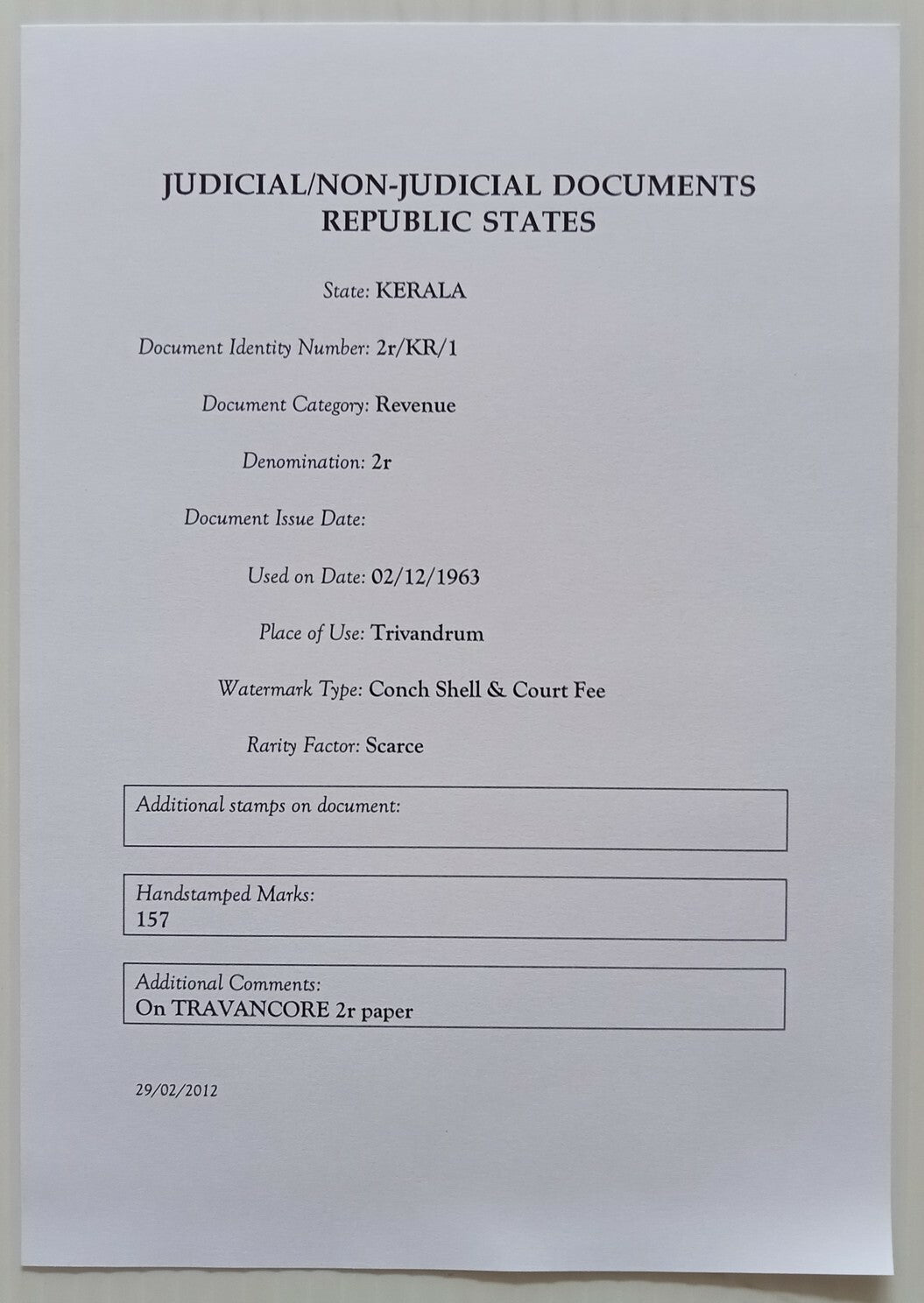 AOP India Kerala 2R Ships stamp paper