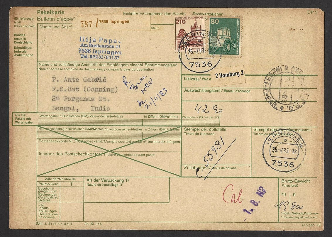 Germany 1975 500pf x 8 on MiF parcel card to India