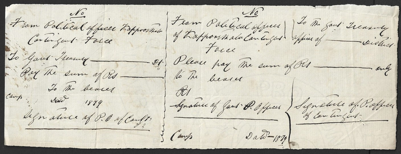India 1879 hand drawn check cheque Political Agent of Kaputhala Contingent Force