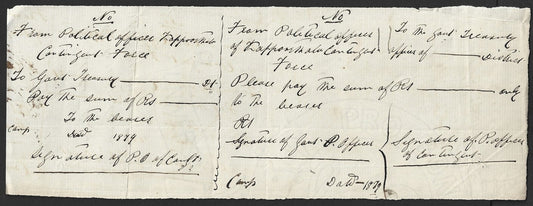 India 1879 hand drawn check cheque Political Agent of Kaputhala Contingent Force