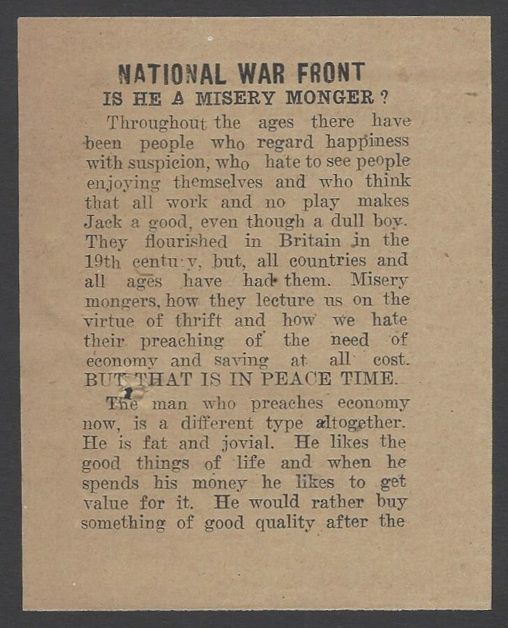 India 1943 WW2 National War Front Propaganda Leaflet Is He A Misery Monger?