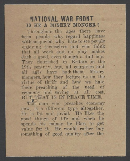 India 1943 WW2 National War Front Propaganda Leaflet Is He A Misery Monger?