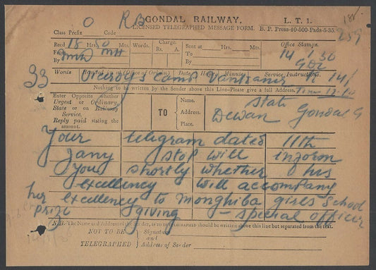 India 1936 Viceroy’s Camp Wankaner OSD telegram