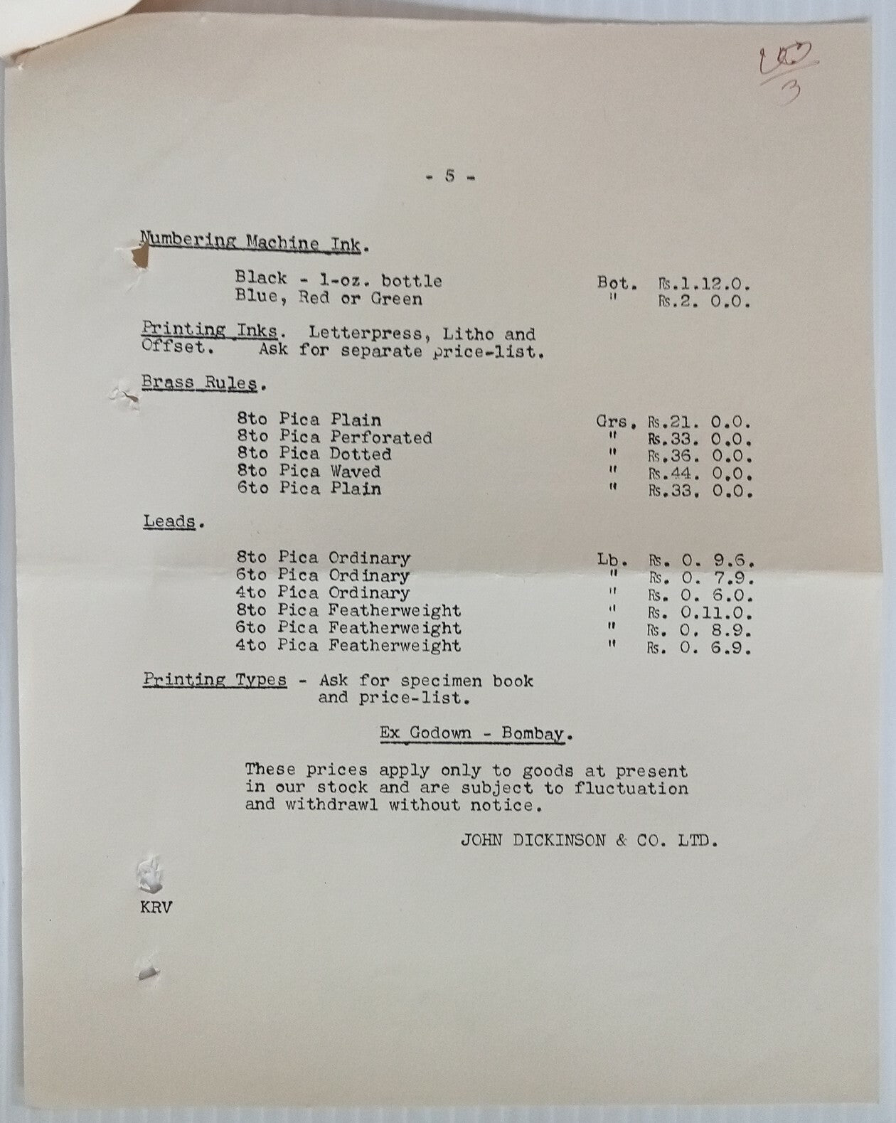AOP India 1938 John Dickinson & Co. Printing Machinery & Materials price list