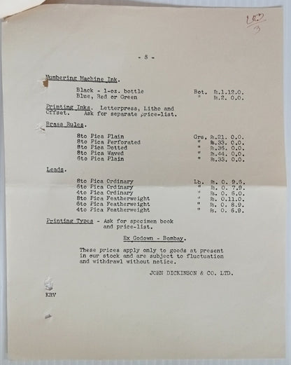 AOP India 1938 John Dickinson & Co. Printing Machinery & Materials price list