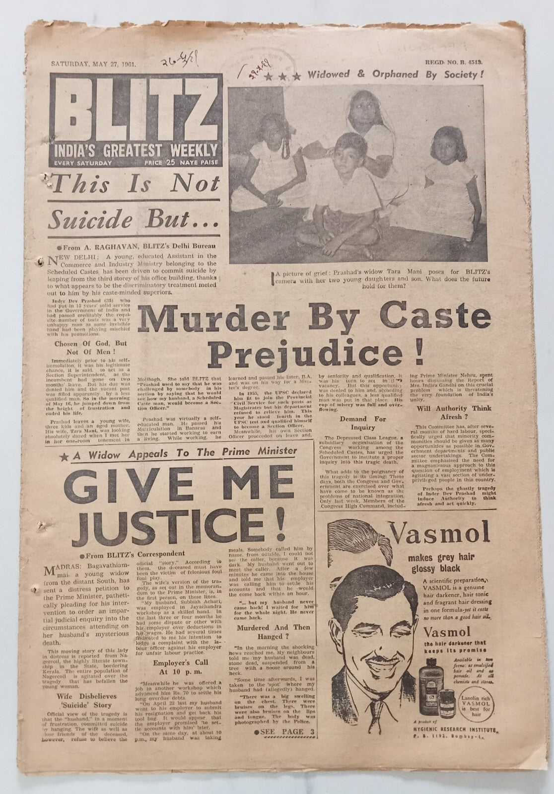AOP India BLITZ 27 May 1961 MURDER BT CASTE PREJUDICE! (R )