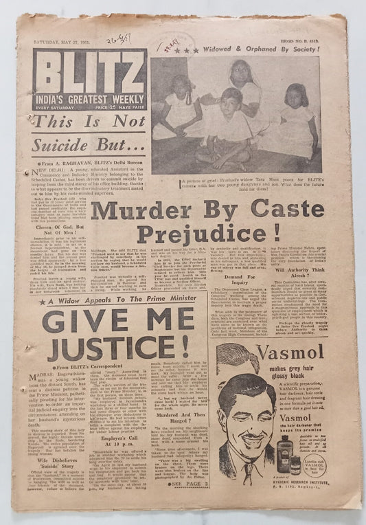 AOP India BLITZ 27 May 1961 MURDER BT CASTE PREJUDICE! (R )