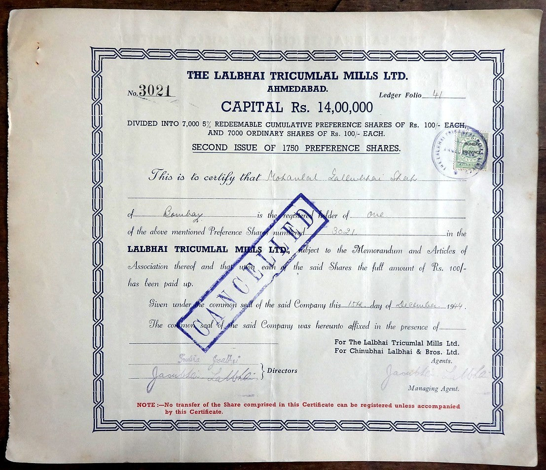 India LALBHAI TRICUMAL MILLS share certificates x 4 different 1929-49