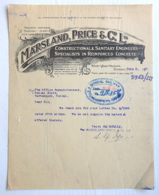 India 1925 Marsland Price Sanitary Engineers Illustrated Letterhead