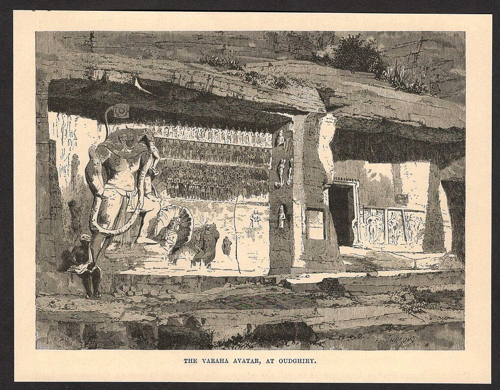 India THE VARAHA AVATAR, AT OUDGHIRY engraved print ex Rousslet 1876 7"x5.5"