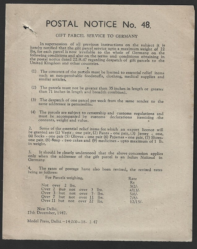 India POSTAL NOTICE No. 48 17 Dec.1947 Gift Parcel Service to Germany + CIRCULAR