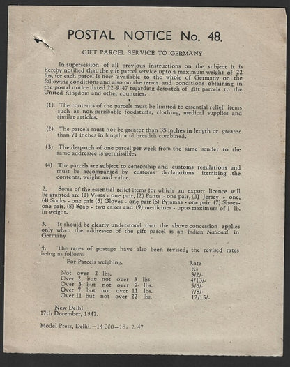 India POSTAL NOTICE No. 48 17 Dec.1947 Gift Parcel Service to Germany + CIRCULAR