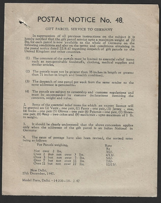 India POSTAL NOTICE No. 48 17 Dec.1947 Gift Parcel Service to Germany + CIRCULAR