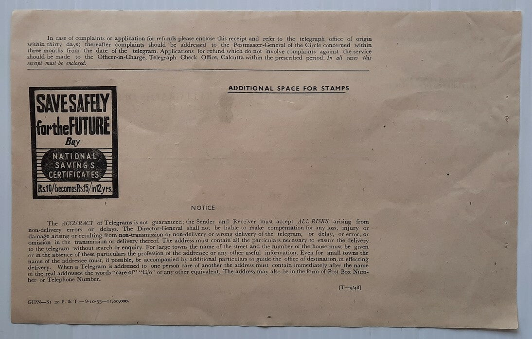 India 1953 Inland Telegram form unused with advertisement 
