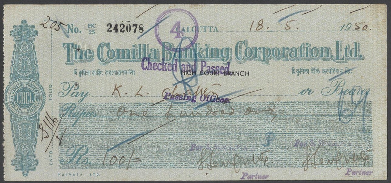 AOPIMT India 1950 check cheque The Comilla Banking Corporation, Ltd. 