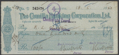AOPIMT India 1950 check cheque The Comilla Banking Corporation, Ltd. 