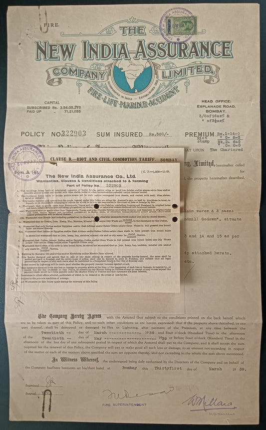 New India Assurance Co. 1939 Fire Policy