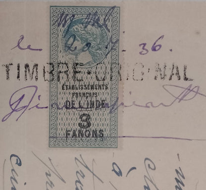 AOP French India 1909 3fa revenue stamp on 1936 KARIKAL document