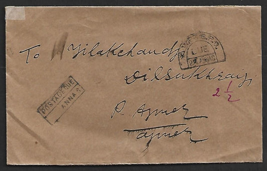 AOP India 1935 horseshoe "AJMER G.P.O./DUE/2 1/2 ANNAS" & boxed POSTAGE DUE