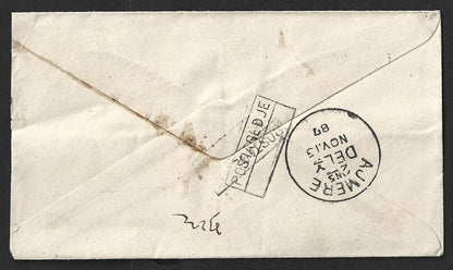 India 1887 env WITH wrongly applied "POSTAGE DUE" obliterated with a 2nd strike