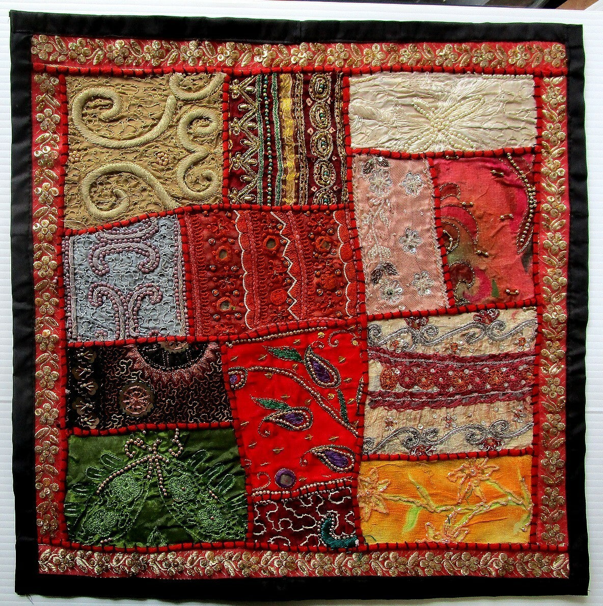 Vintage multipurpose Indian mat wi hand embroidery, sequins, beads, zari, etc