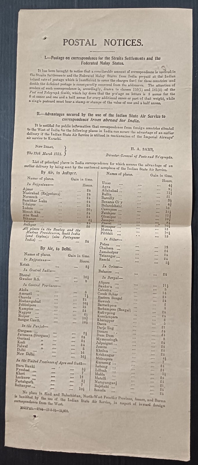 India POSTAL NOTICE 19th March 1931 SS & FMS rates/Indian State Air Service