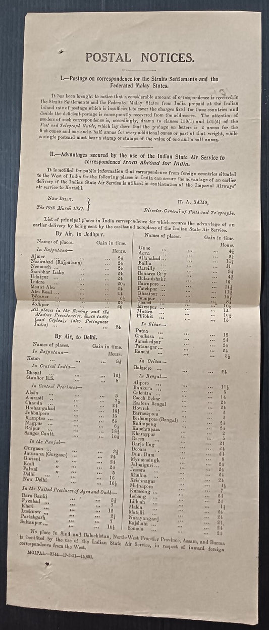 India POSTAL NOTICE 19th March 1931 SS & FMS rates/Indian State Air Service